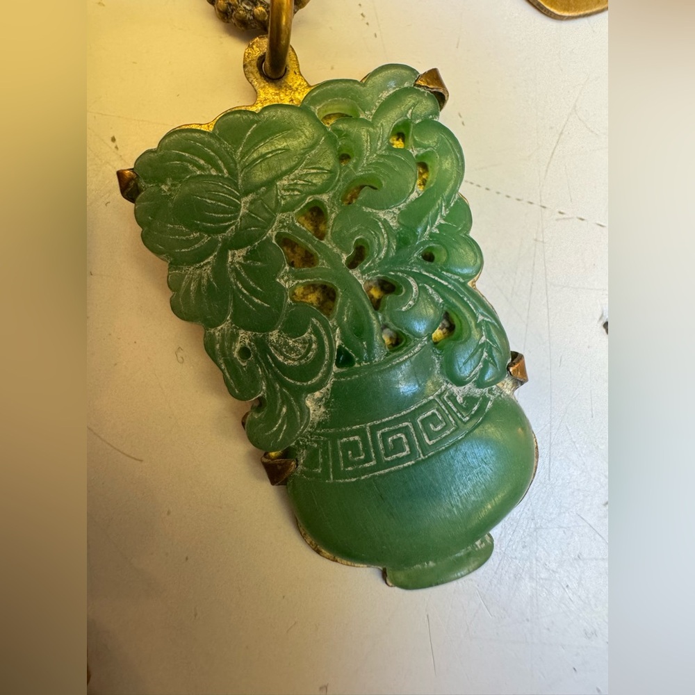 Antique 1930s Art Deco revival asian brass Buddha multi~charm faux jade festoon - Picture 10 of 13